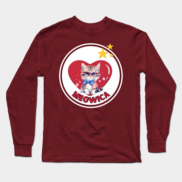 A meowica cute kitty cat with glasses on 4th of July with heart Long Sleeve T-Shirt by Shean Fritts 